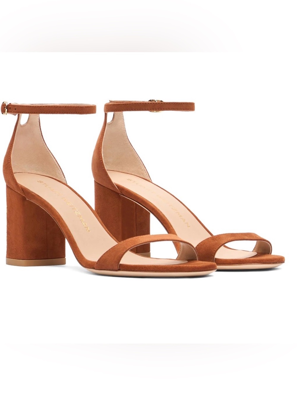 Stuart Weitzman Nudist Block Heel - Brown Suede Ankle-Strap Block Heels